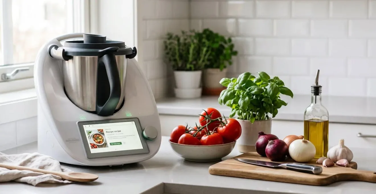 Comptoir de cuisine moderne avec robot cuiseur entouré d'ingrédients frais (tomates, basilic, ail) sous lumière naturelle
