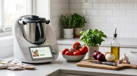 Comptoir de cuisine moderne avec robot cuiseur entouré d'ingrédients frais (tomates, basilic, ail) sous lumière naturelle
