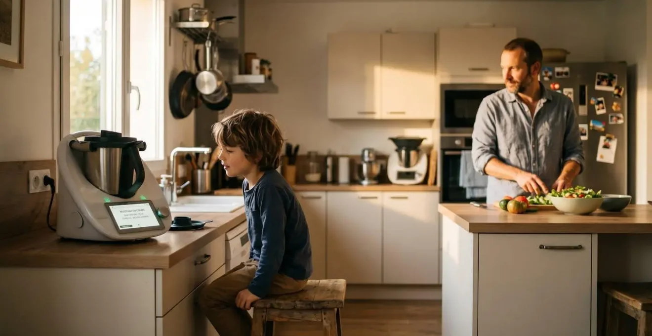 Cuisine familiale en fin d'après-midi, enfant observant écran de robot cuiseur programmé pendant que parent prépare salade en arrière-plan